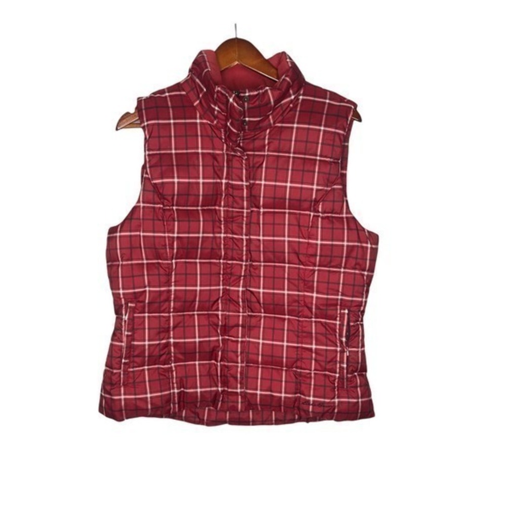 Eddie Bauer women's red gray off white full zip button plaid puffer vest large